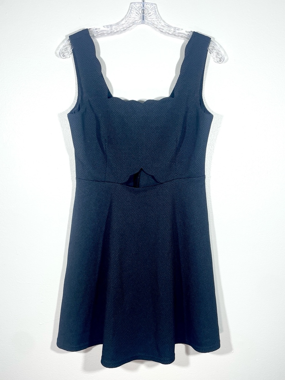 Black Textured Fit & Flare Mini Dress Scalloped Sweetheart Cutout
